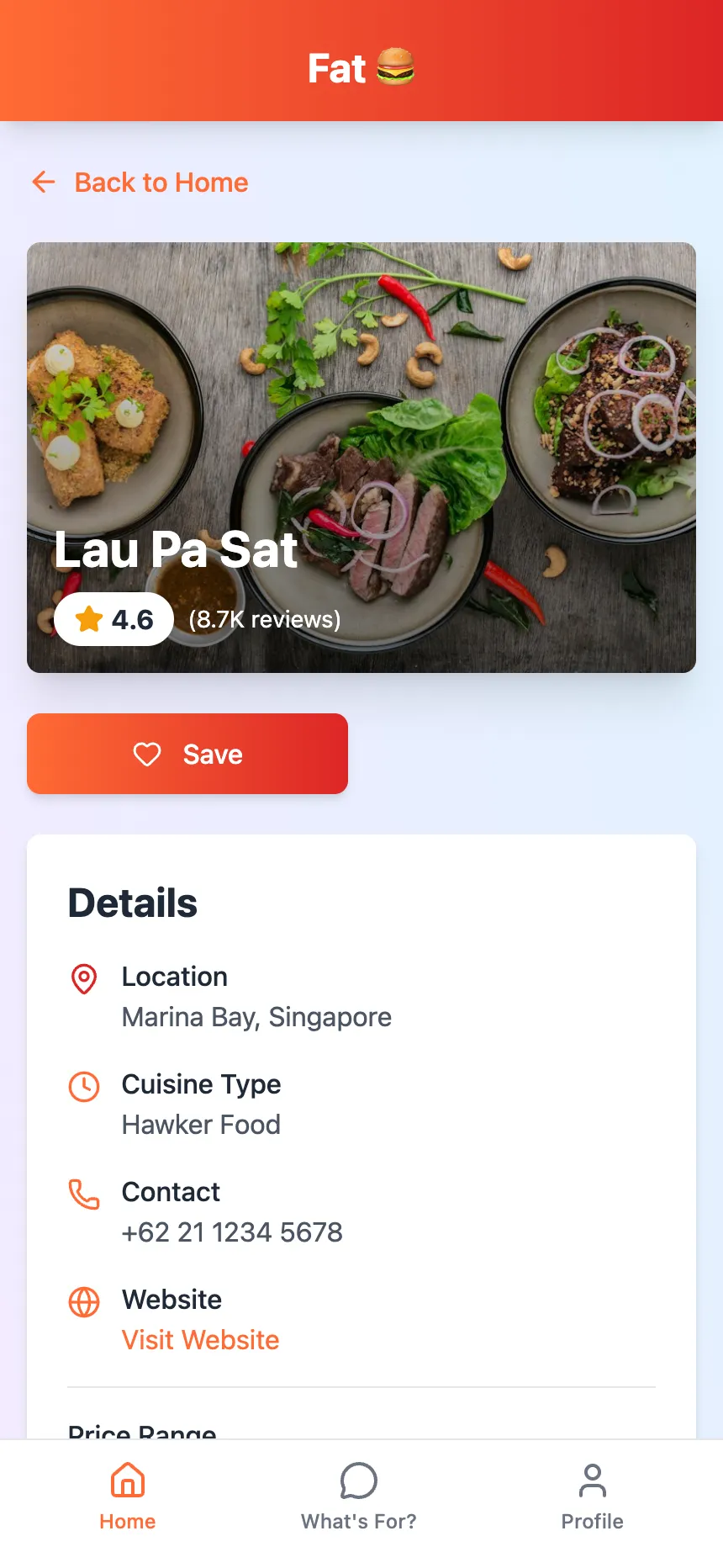 The Fat detail page for a Singapore hawker food restaurant, with rating, location, cuisine and website