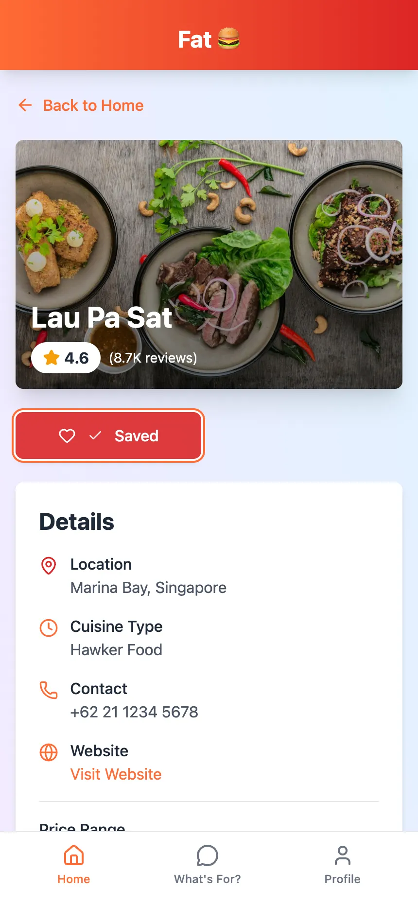 The Fat detail page with the Save button switched to Saved